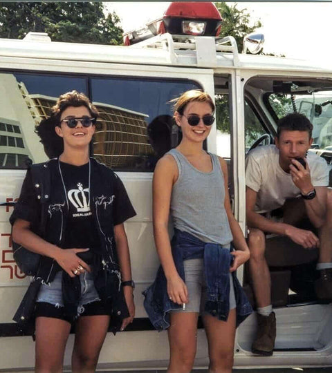 VVivíenne Austin, Jimmy King, and Camille beside an ambulance in South Beach, Miami, before a road trip to New York, summer '90s.