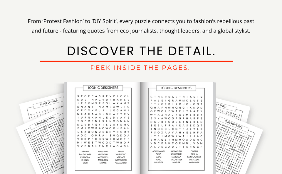 A graphic promotes Scarlet Destiny's fashion word search puzzle book, inviting readers to “discover the detail” and “peek inside the pages,” with open puzzles on designers, styles, and sustainable fashion.