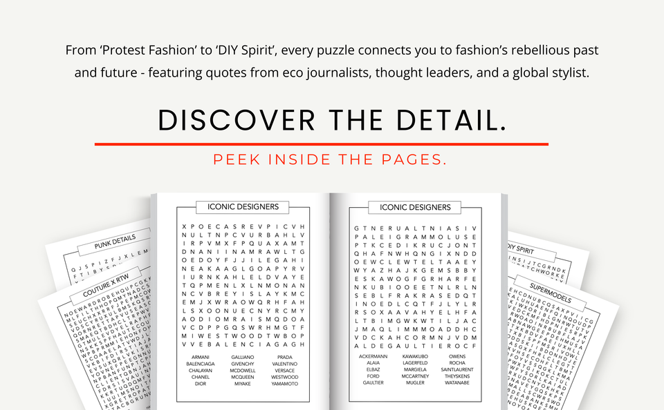 A graphic promotes Scarlet Destiny's fashion word search puzzle book, inviting readers to “discover the detail” and “peek inside the pages,” with open puzzles on designers, styles, and sustainable fashion.