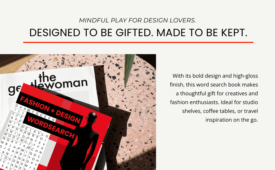 The Scarlet Destiny Fashion + Design Wordsearch, a stylish fashion puzzle book, sits on terrazzo beside The Gentlewoman magazine and a green plant. This design-focused word search makes a thoughtful, creative gift.
