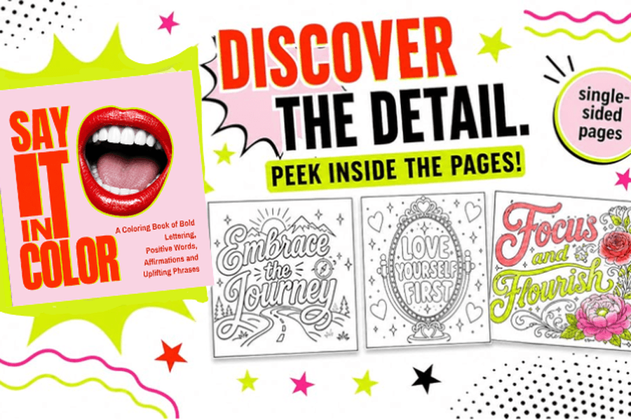 Open affirmations colouring book showing bold lettering pages to colour