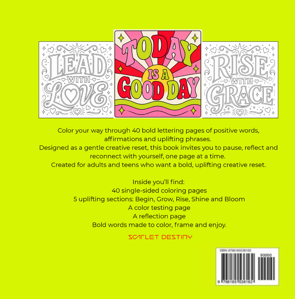 Interior page from the affirmations colouring book with positive lettering