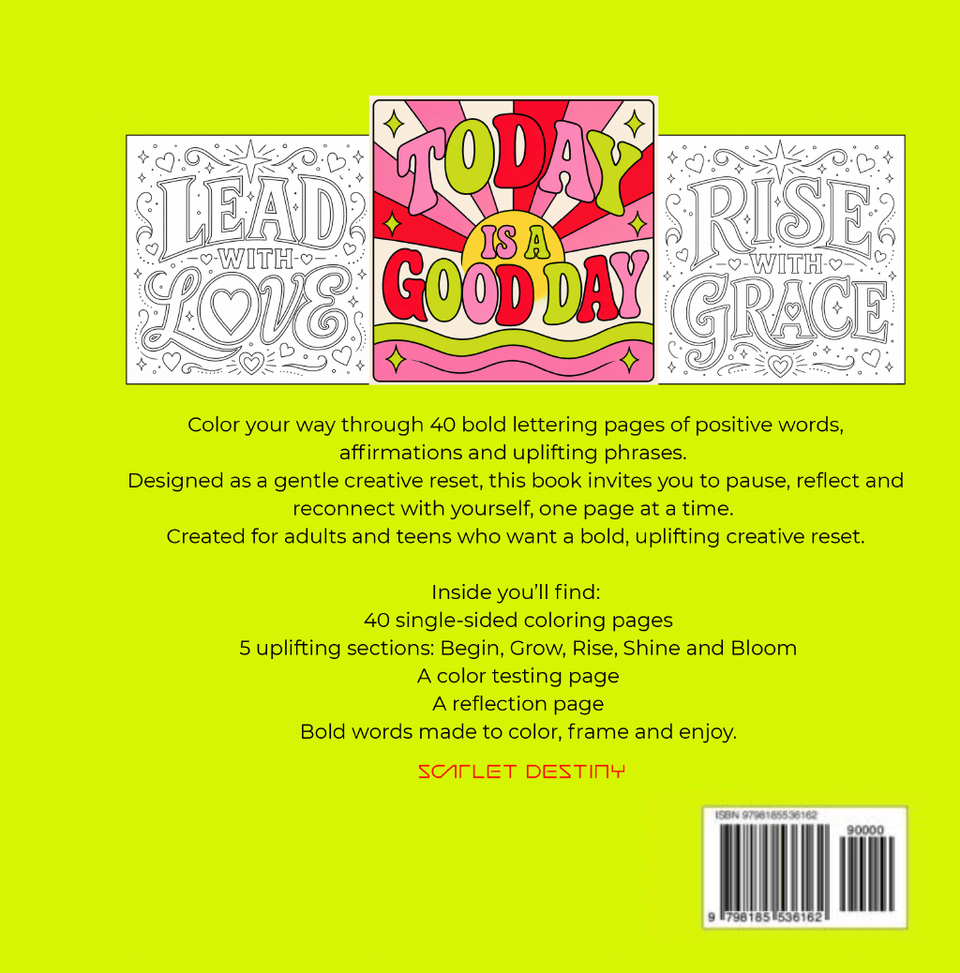 Interior page from the affirmations colouring book with positive lettering