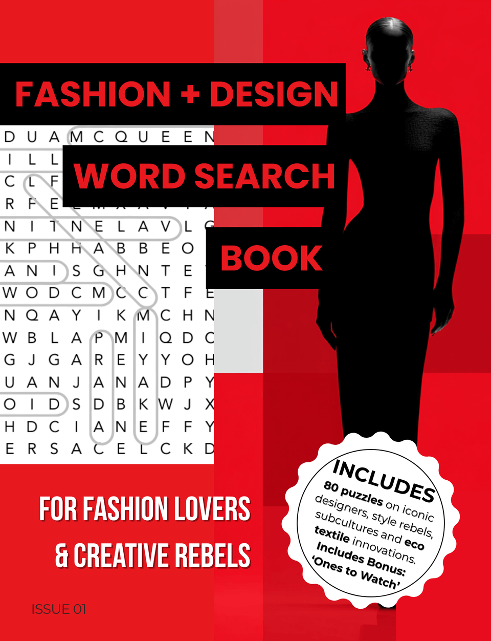 A Scarlet Destiny fashion word search book cover with a chic silhouetted figure in a long dress, bold fashion text, a word search puzzle background, and a sticker showing 80 puzzles plus exclusive fashion bonuses.
