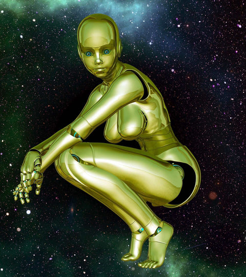 A futuristic golden robot model representing fashion robotics innovation in a cosmic setting.