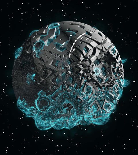 A futuristic, digital planet with glowing elements surrounded by stars in deep space.