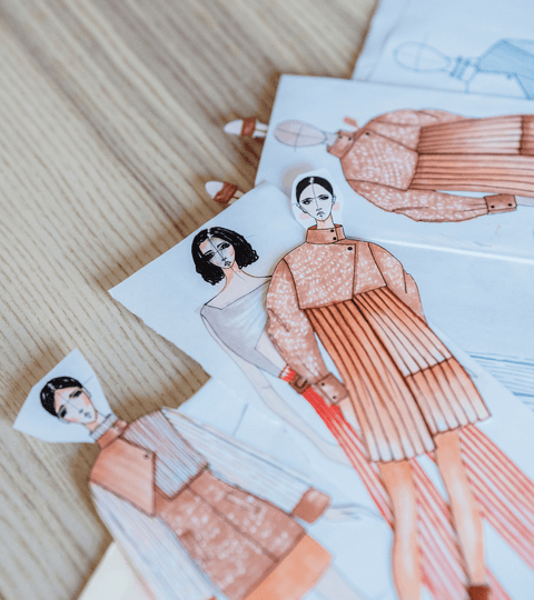 Fashion sketches showcasing designs emphasising modern silhouettes.
