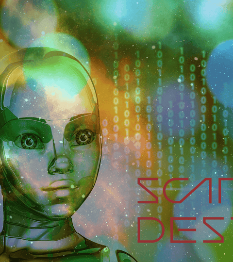 A futuristic robot image with green and blue bokeh background, featuring the text 'SCARLET DESTINY'.