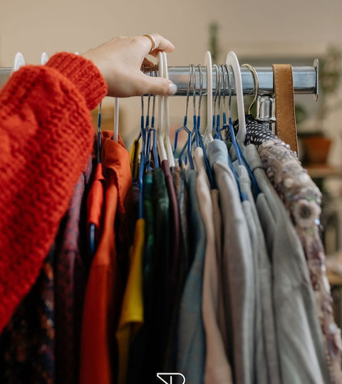 Person browsing pre-loved fashion clothes for Second Hand September.