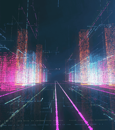 Dark futuristic space with neon lights representing fashion sizing technology