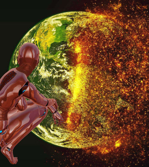 Futuristic figure observing a deteriorating Earth amidst climate change effects.