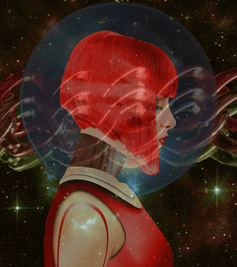 A futuristic red-haired figure in a cosmic background.