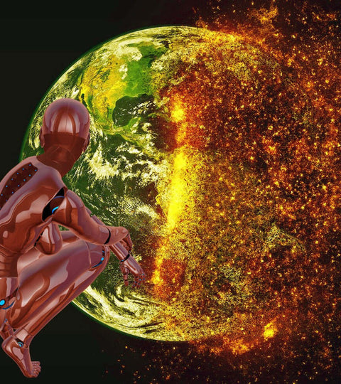 Futuristic figure observing a deteriorating Earth amidst climate change effects.
