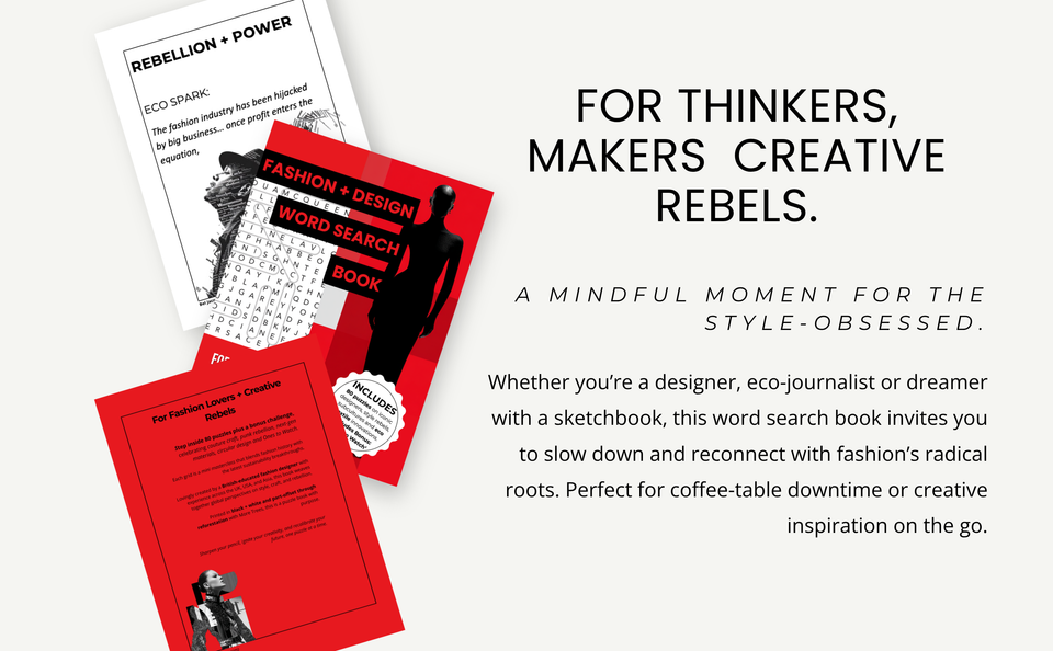 Scarlet Destiny offers a collage with a worksheet, red fashion puzzle book, and letter—inviting designers and creatives to relax and find inspiration with a sustainable fashion word search.